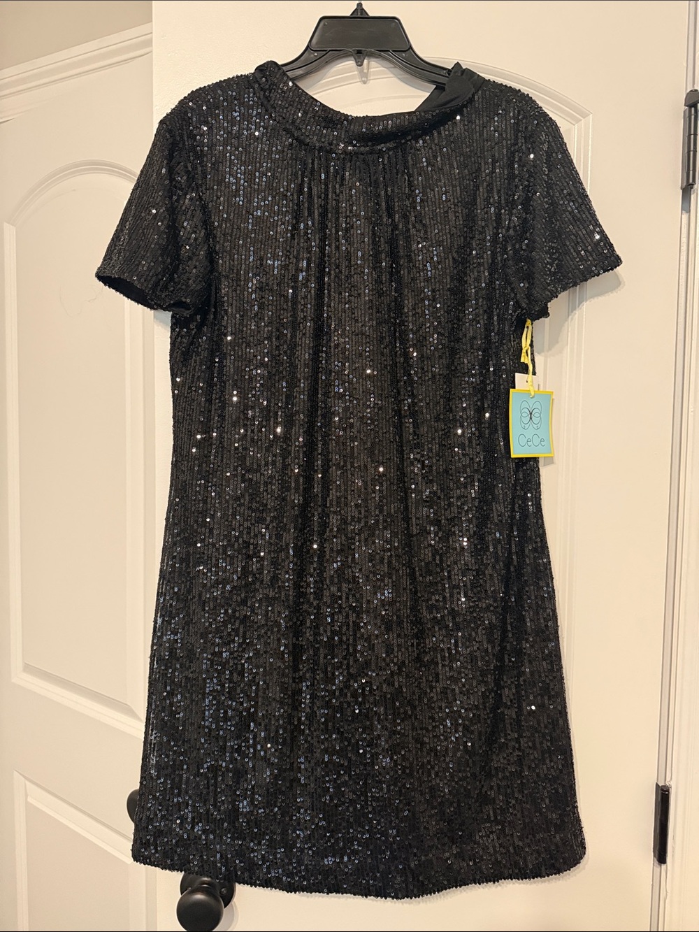 CeCe Black Sequin Short Sleeve Party Dress